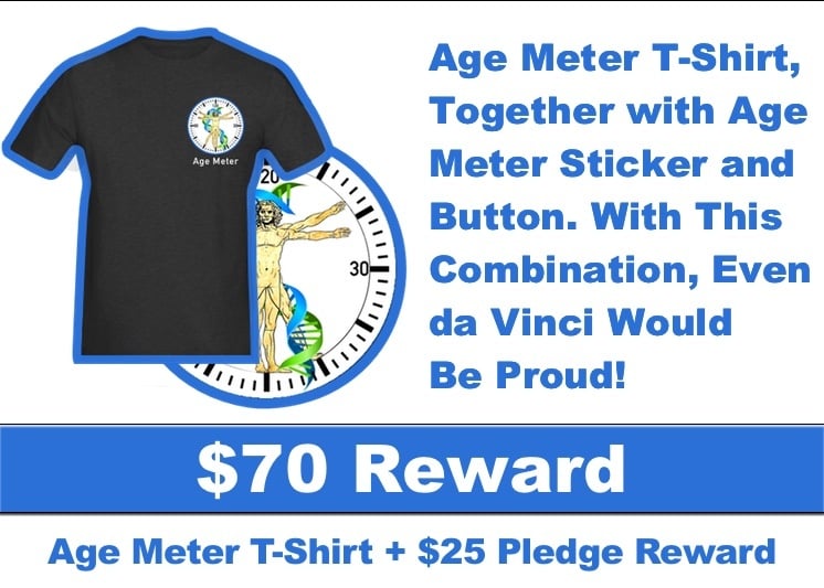 AgeMeter Campaign Reward T-Shirt, Button, and Sticker